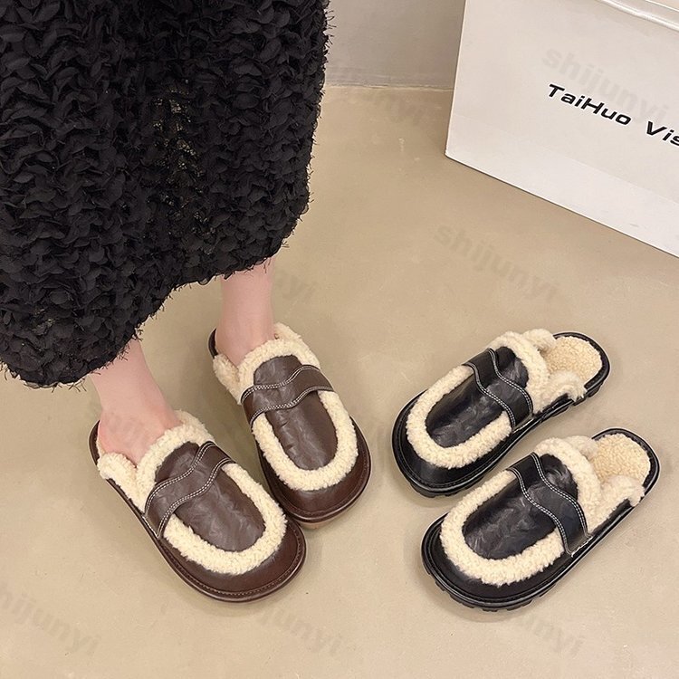 Flats Platform Cotton Slippers Women Fur Mules 2024 Winter New Plush Warm Slides Trend Soft Leather Cozy Casual Shoes