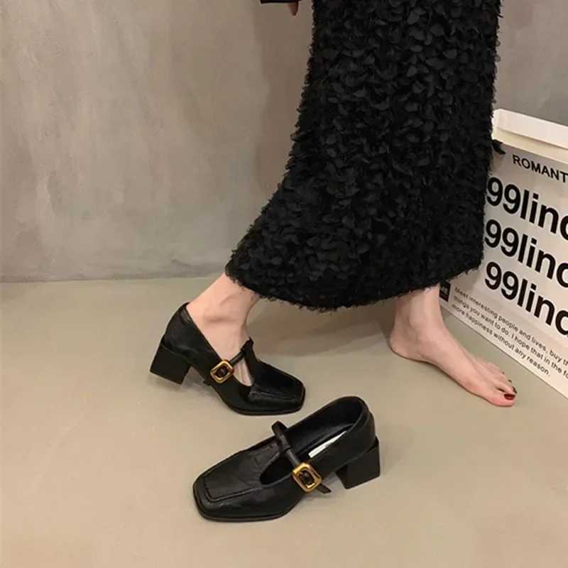 2024 New Womens Pump Mary Janes Short and Fat High Heels Office Clothes Brown and Black Womens Shoes Fashion Shoes Y241014