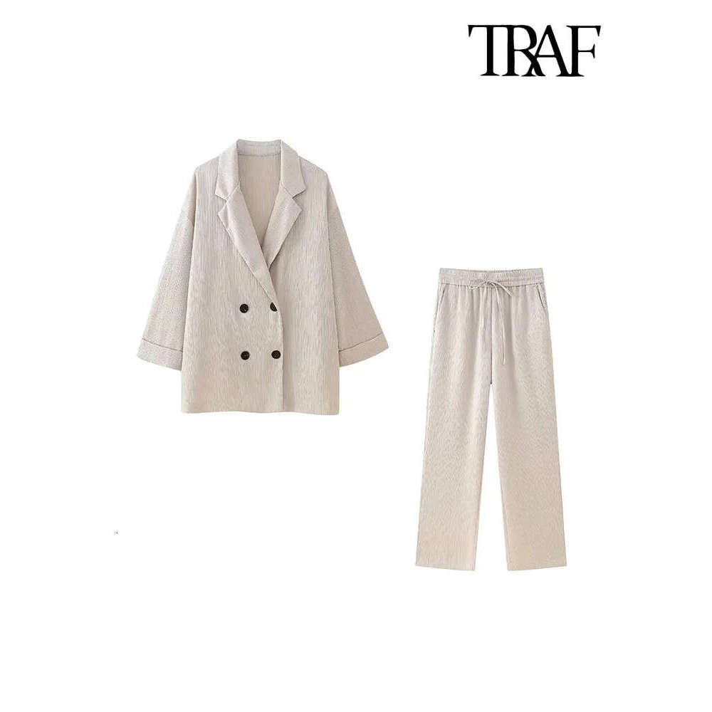Traf-Women's Double-Breasted Loose Blazer Coat And High Elastic Waist Wide Leg Pants, Female Two Piece Sets, Fashion