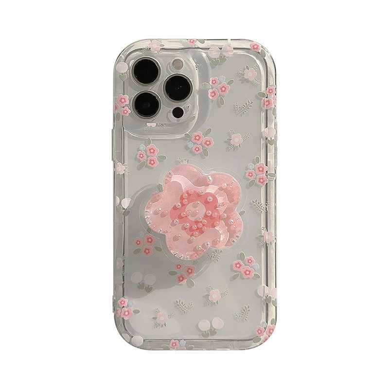 Cute Quicksand pink flower stand phone case suitable for iPhone 16 15 14 13 12 11 Pro Max XR X XS 7 8 Plus flower stand transparent soft cover CL24101