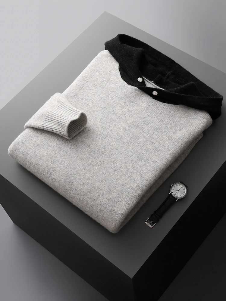 ADDONEE Men Hooded Pullover Cashmere Sweater Autumn Winter 100% Merino Wool Knitwear Smart Casual Sweater Korean Fashion Tops LX241015