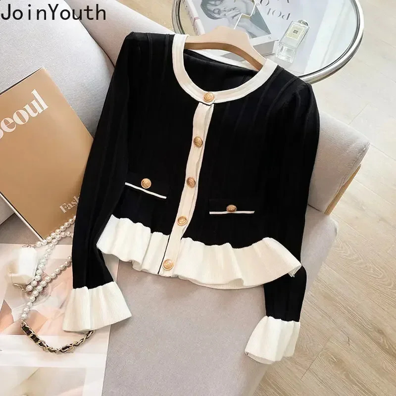 Cute cardigan wool womens clothing O-neck sparkling sleeves tuned suede leather ruffled retro knit sweater jacket Korean floral womens 241014