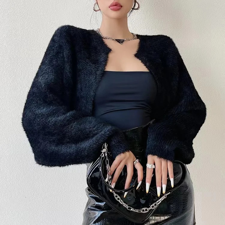 Mohair Knitted Bolero Cardigan for Women Open Front Cropped Shrug Sweater Fuzzy Long Sleeve Trendy Knitwear 241009