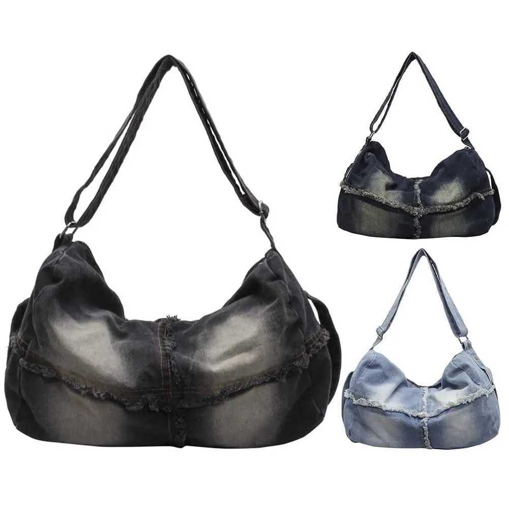 Ladies Men Denim Shoulder Bag Zipper Closure Tote Adjustable Strap Crossbody Trendy Retro Handbag Work Shopping 241015