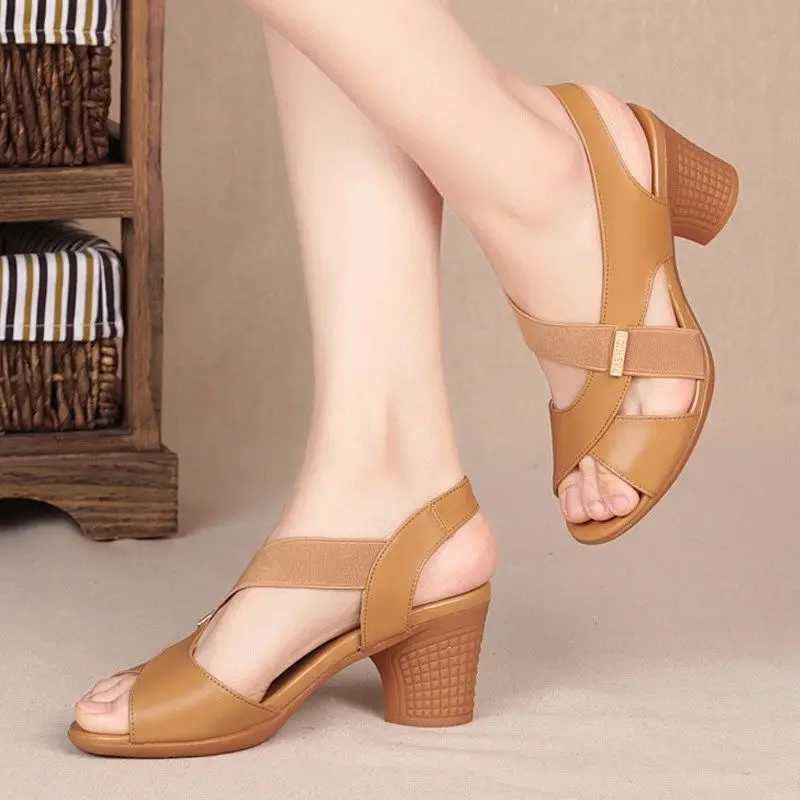 2024 New Womens Sandals Summer Comfortable High Heels Thick High Heels Leather Toe Non slip Soft Bottom Mother Shoes Slide Up Y241014