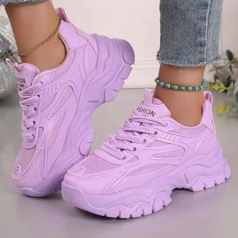 Spring Purple Platform Sneakers Breathable Slip On Chunky Shoes Women 2024 Woman Lace-up Fashion Comfortable Thick Sole ShoesLX241015