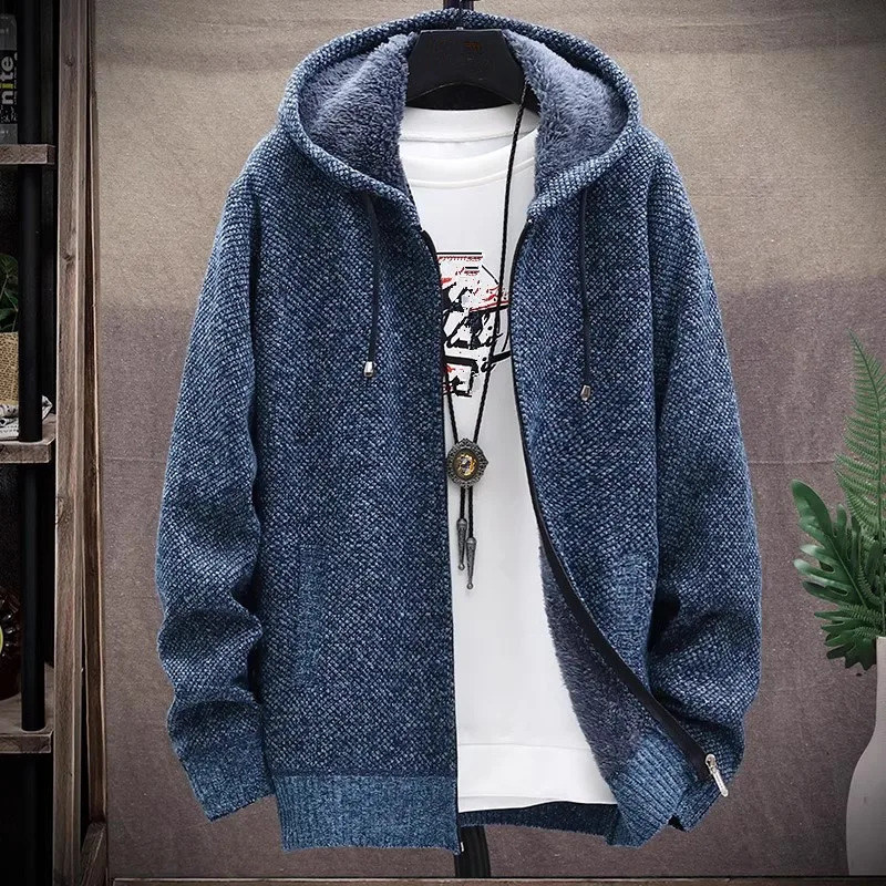 Men's Hooded Cardigan Knitted Sweater Winter Thick Fleece Warm Casual Knitwear Coat Solid Color Cardigan Men Hooded Sweaters 241010