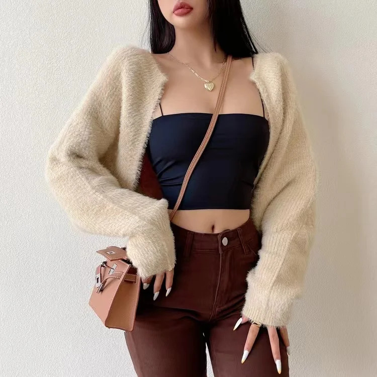 Mohair Knitted Bolero Cardigan for Women Open Front Cropped Shrug Sweater Fuzzy Long Sleeve Trendy Knitwear 241009