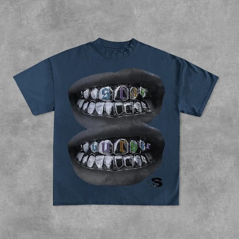 Loose Lip Print Graphic 100% Cotton T-Shirt Men Y2K Summer Short Sleeves Vintage Oversize Tshirt Streetwear Women Tops 241014