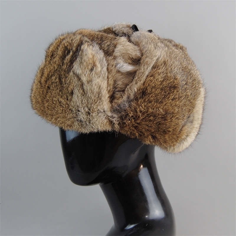 Rabbit Fur Cap Man Winter Genuine 100% Fur Bomber Hat Windproof Warm Earmuffs Male Flat GreyBlack Russian Hat Fitted Casquette 241014