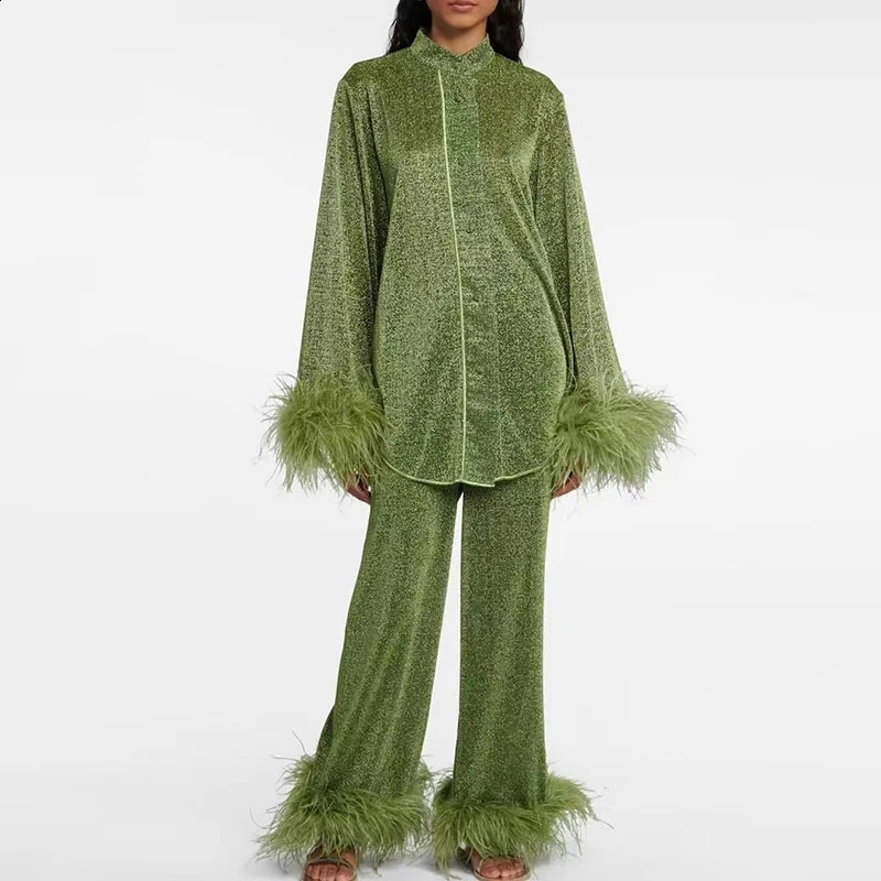 Feather Patchwork Party Set: Women's Elegant Buttoned Long Sleeve Top And Pants Suit For Autumn