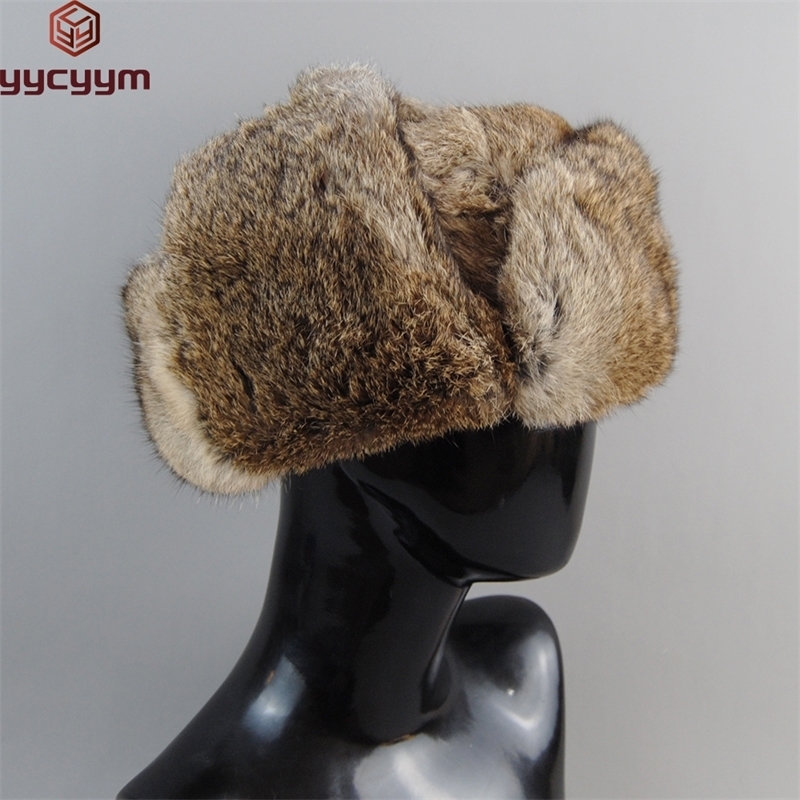 Rabbit Fur Cap Man Winter Genuine 100% Fur Bomber Hat Windproof Warm Earmuffs Male Flat GreyBlack Russian Hat Fitted Casquette 241014