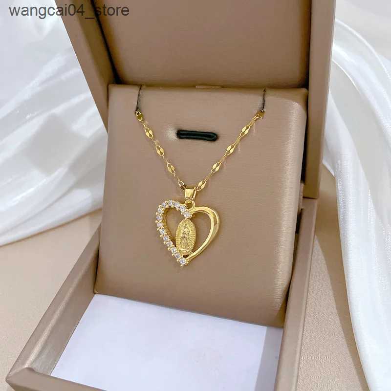 Pendant Necklaces Stainless Steel Crystal Heart Virgin Mary Necklace for Women Amulet Gold Plated Necklace Religious Jewelry Our Lady of Aparecida L24 - view 4
