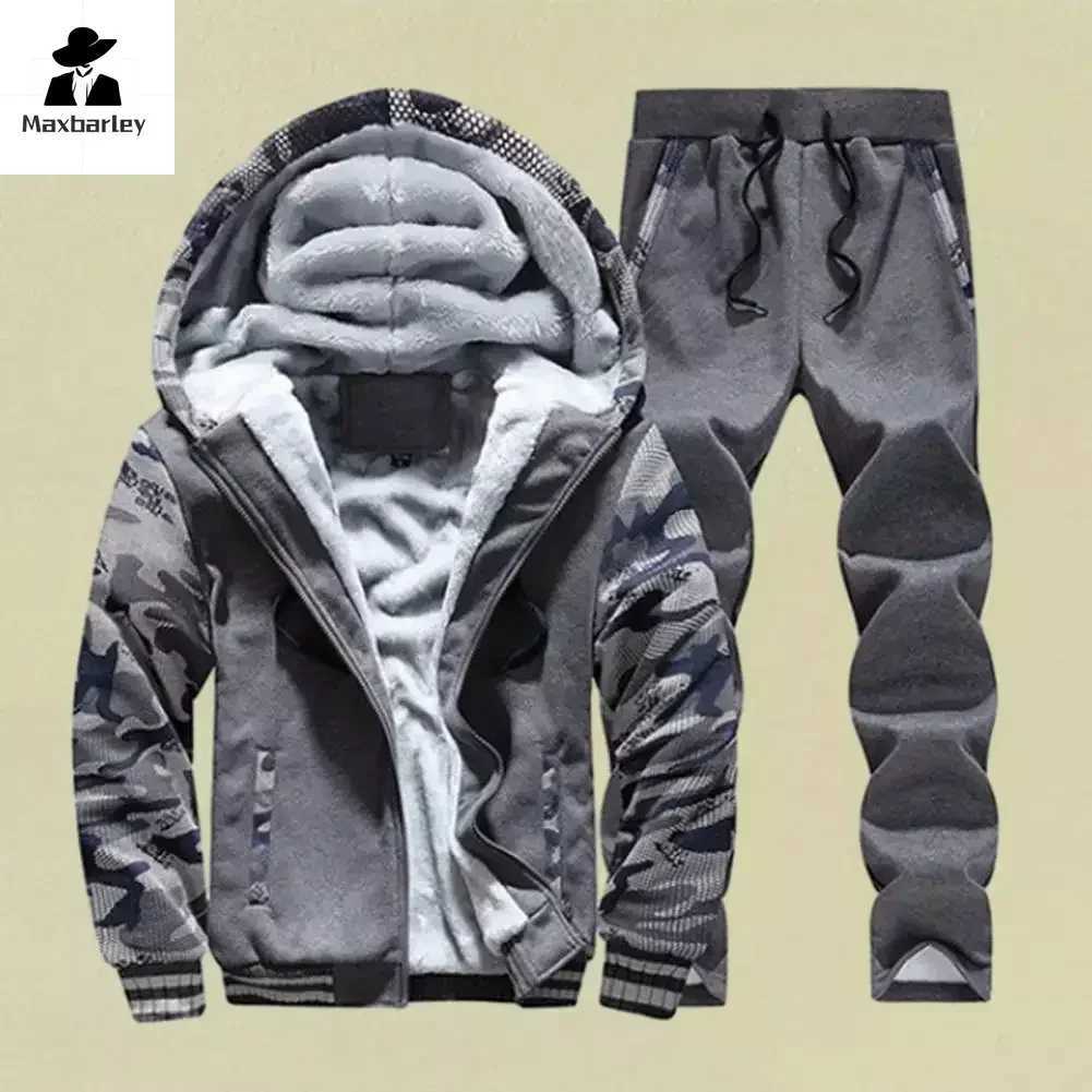 New Fleece Men Set Fashion Brand Tracksuit Lined Thick Sweatshirt + Pants Sportswear Suit Male Winter Warm Hooded Outerwear SuitXJ241015