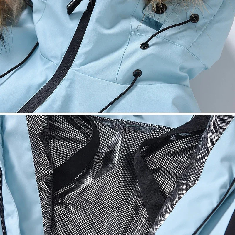Fur Hooded Woman Snow Suit Winter Slim Women Ski Jumpuist Outdoor Mountain Female Snowboard Overall Insulated Clothes 241007