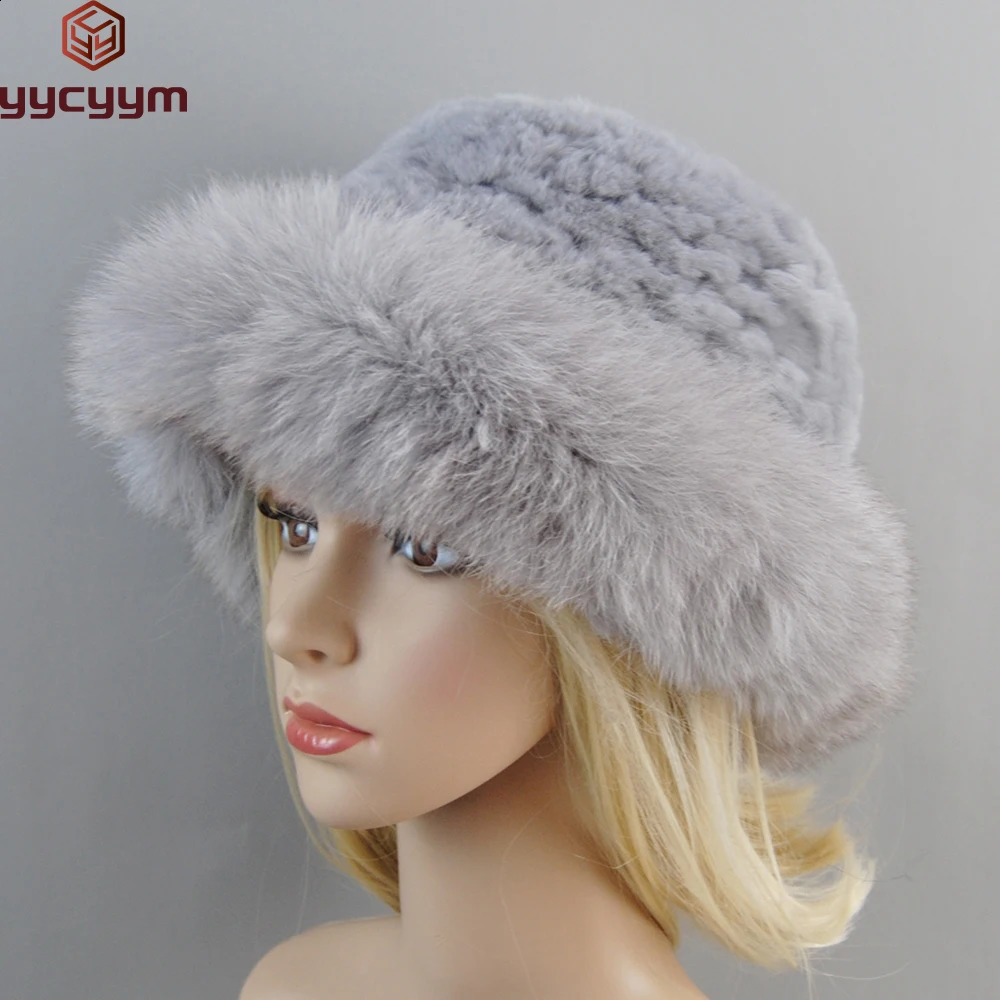 Style Knitted Real Genuine Fox Fur Hats Women Beanies Solid Rex Rabbit Fur Caps Winter Lady Fashion Fur Skullies Hat 241009