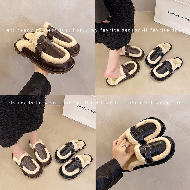 Flats Platform Cotton Slippers Women Fur Mules 2024 Winter New Plush Warm Slides Trend Soft Leather Cozy Casual Shoes