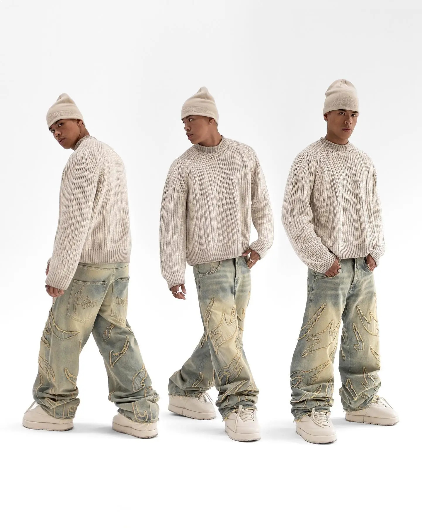 Reaven Y2K mens solid color knitted sweater oversized loose retro wool sweater autumn round neck long sleeved top 241014