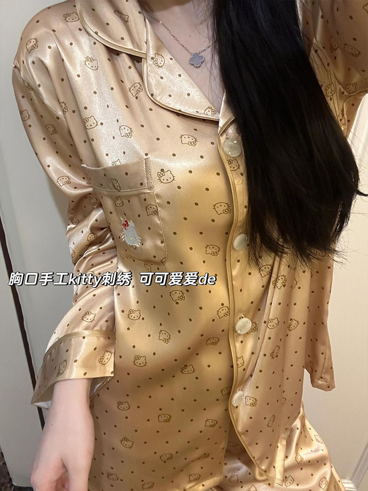 foreign trade tiktok live broadcast pajamas female spring and autumn ice silk long sleeved trousers thin style students' ins dormitory can wear p