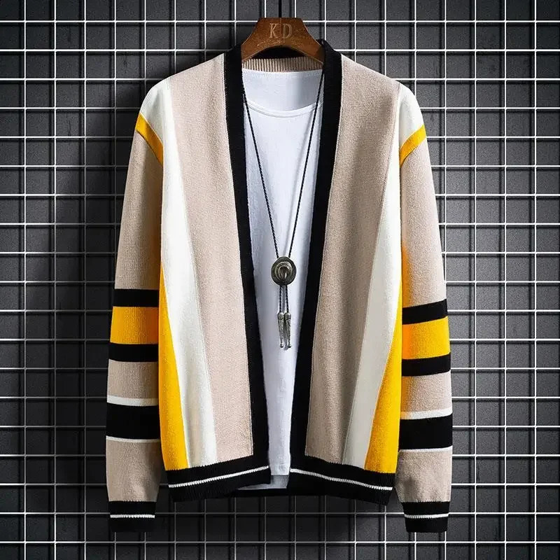 Knitted sweater mens coat cardigan mens clothing jacket striped V-neck blue plus size warm casual winter Y2k retro A X 241007