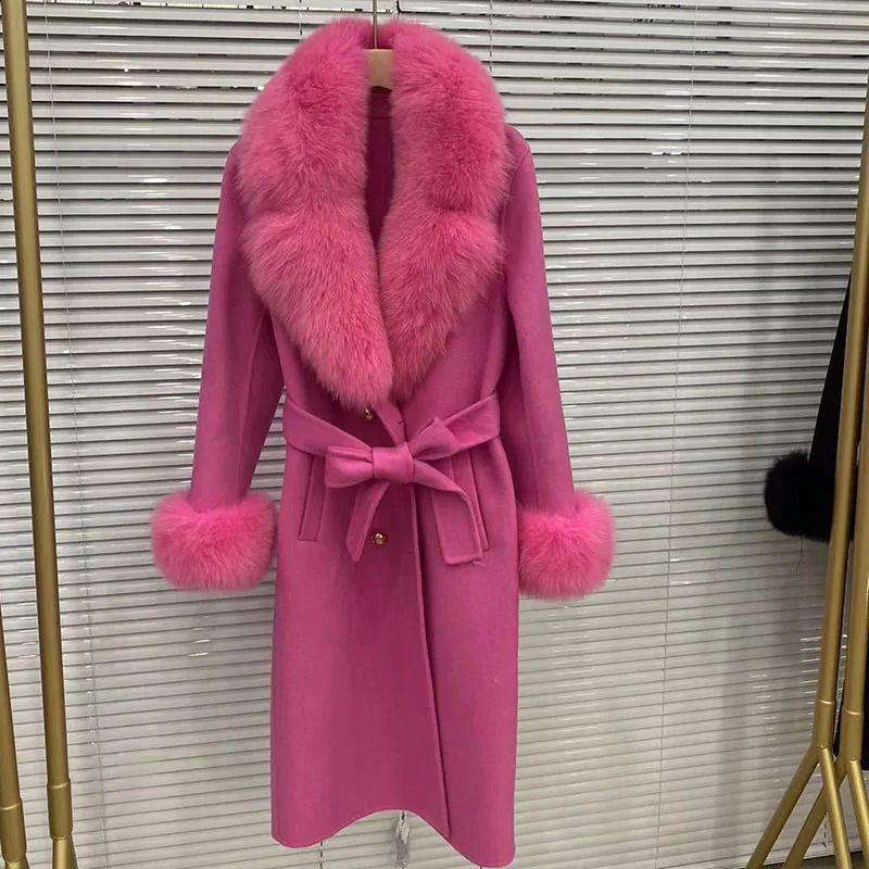 Long Womens Wool and Cashmere Blended Coat Big True Fox Fur Collar Fashionable Winter Jacket Double Chest Jacket Cuffs 241015