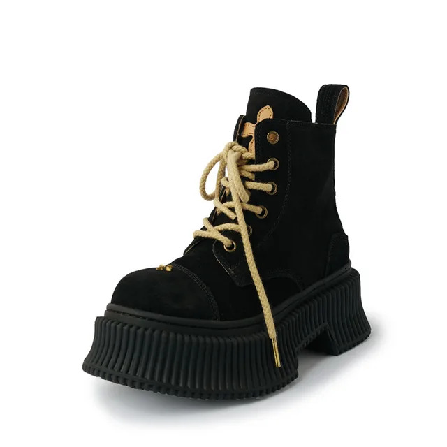 ddmytiger outdoor Short Women New High Quality Suede Round Head Lace up Thick Sole Street Modern Yellow Ankle Boots A ddmythur
