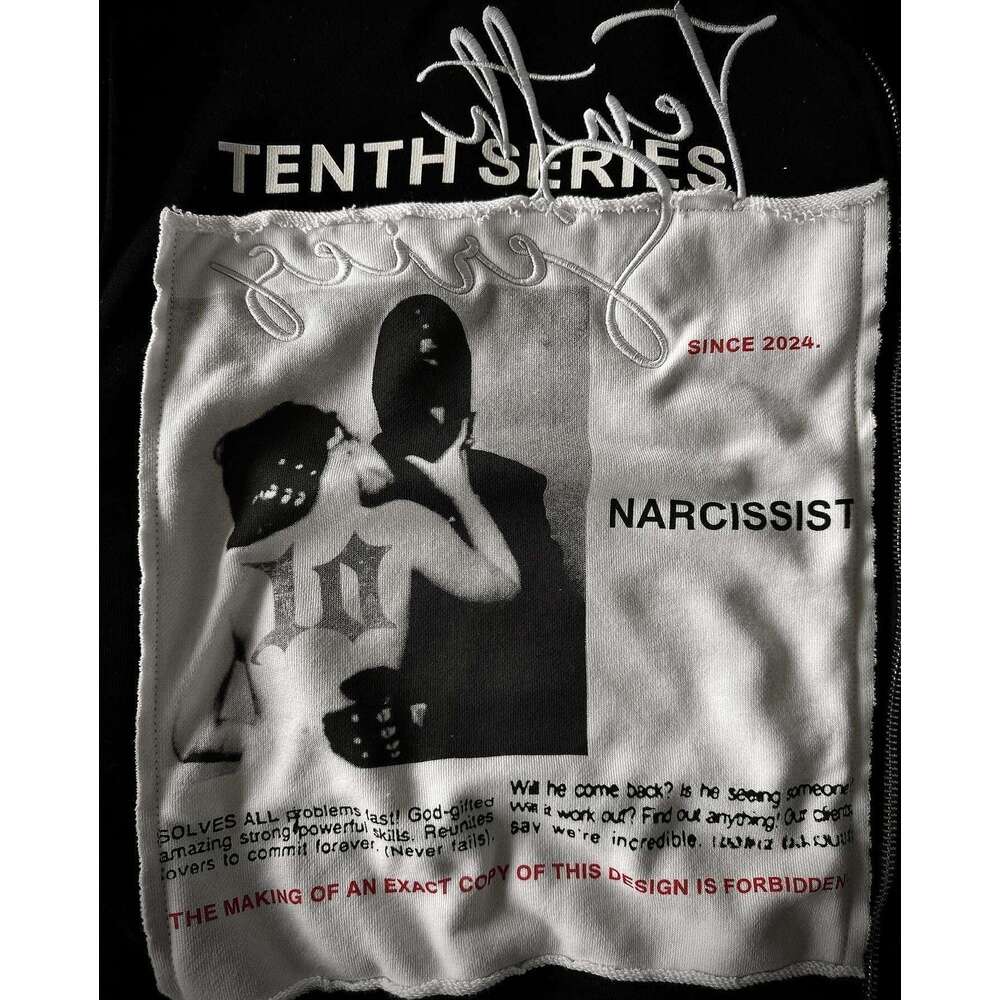 NARCISSIST Streetwear Hoodies Retro Black Patch Zip Up Hoodie Y2k Haruku Hip Hop Gothic Patchwork Jacket Coat Men Clothing