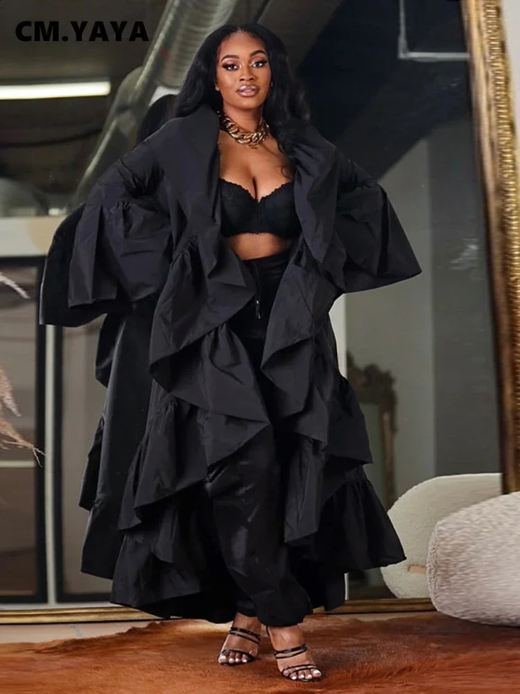 CM.YAYA Womens Retro Ruffle Shoulder Flame Bat Wing Long Sleeve Open Sewing Street Clothing Black Maxi Trench Jacket 241015