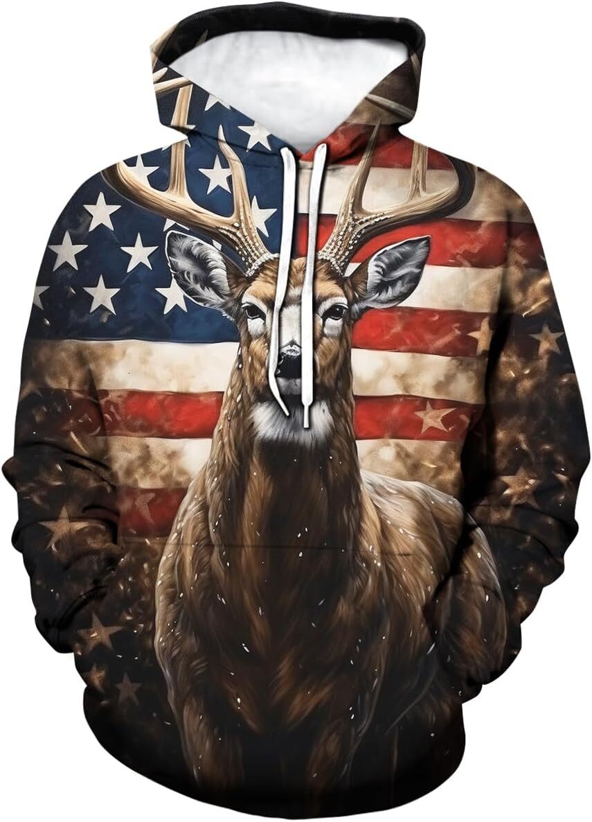 Hoodie for Mens Womens Unisex Vintage American Flag Deer Hooded Sweatshirts Animal Graphic Pockets Long Sleeve Pullover Graphic Fashionable and Warm