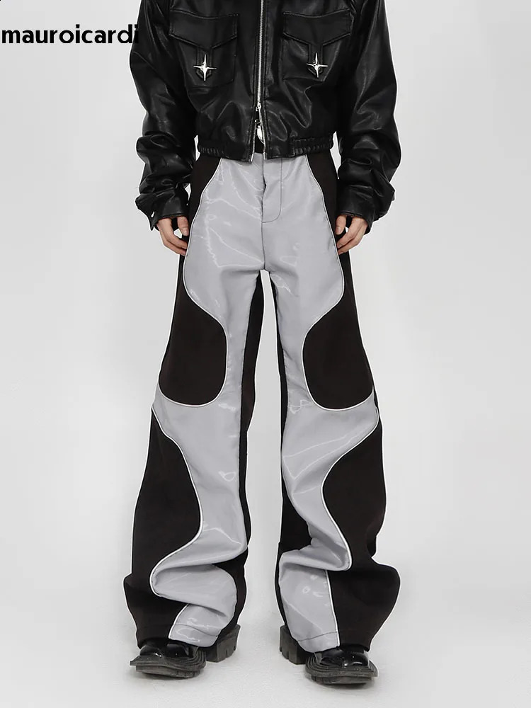 Mauroiardi Spring Autumn Cool Long Loose Casual Soft Patch Work Pu Leather Pants Mens er Clothing Trousers 241007