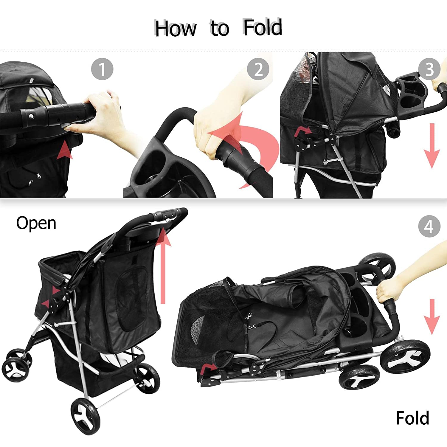 4 Wheel Foldable Cat Dog Stroller with Storage Basket, Handle 360 Front Wheel Rear Wheel with Brake for Small Medium Dogs