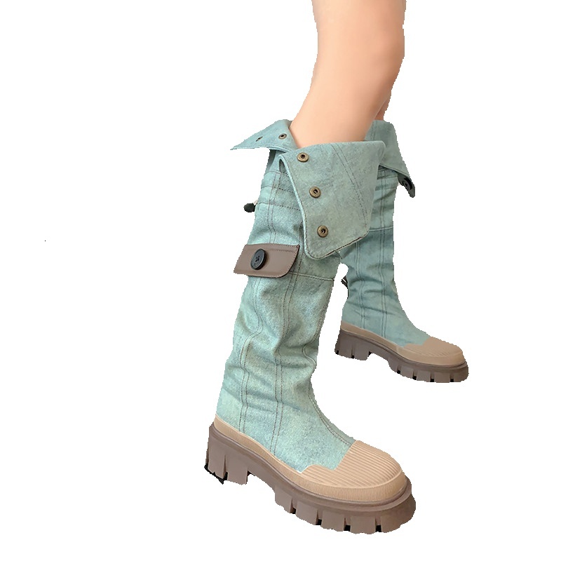 ddmytiger outdoor Knee high Women's New High Quality Denim Street Leisure Round Head Elevated Thick Bottom Modern Boots A ddmythur