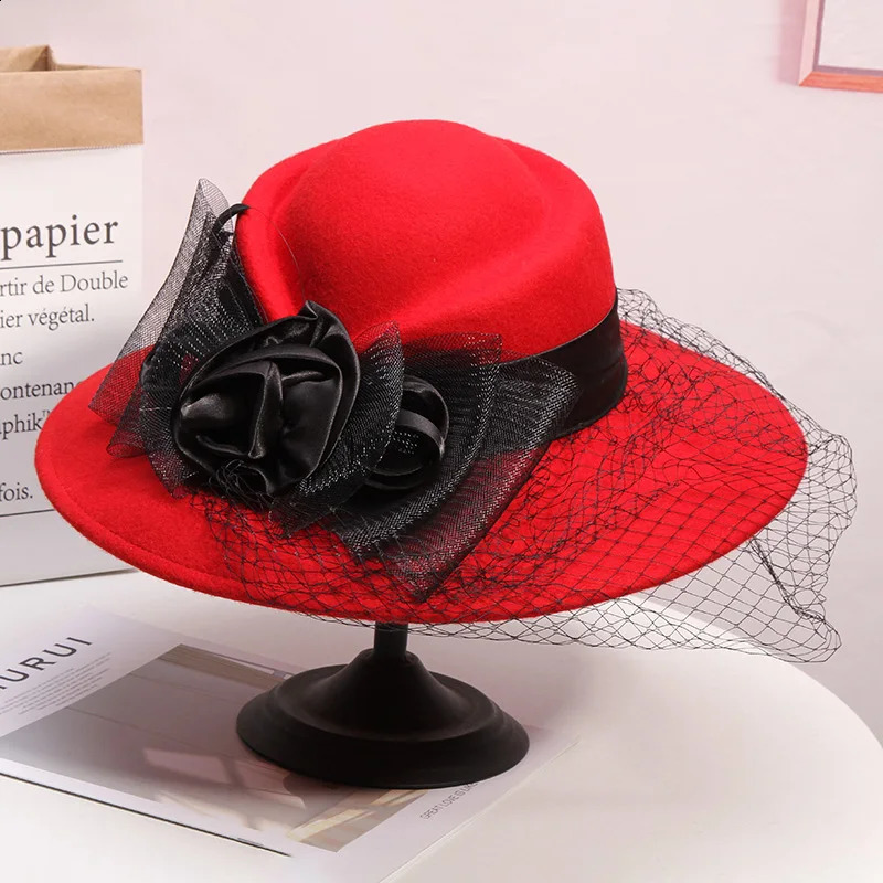 Veil Black Women Winter Fedora 100% Australian Wool Cloche Hats Female Wide Brim Felt Hat Ladies Bowknot For Church Caps 56-58cm 241014