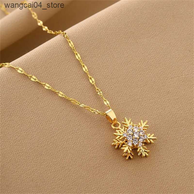 Chokers Unique Titanium Steel Necklace with Rotating Snowflake Pendant Collarbone Chain with Sparkling Zircon Stone for Women L240910
