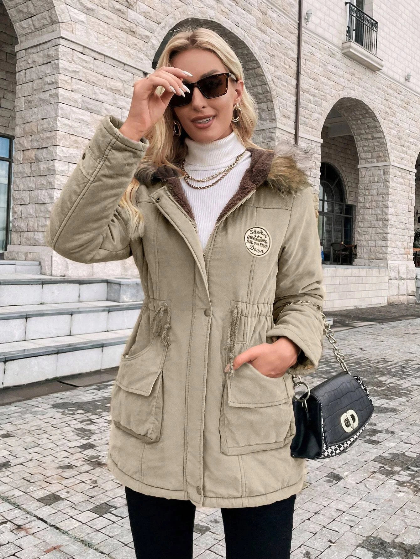 Woman Winter Padded Coat Jacket Waist Drawstring Wool Liner Hooded Fur Collar Warm Loose Fashion Parka Clothes 241011