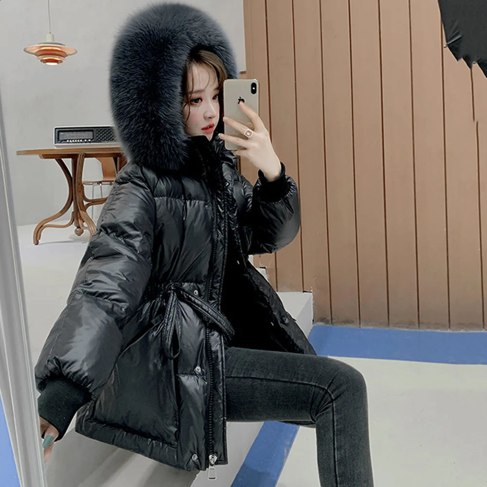 2023 Winter Down Cotton Jacket Womens Big Fur Collar Coats Hooded Parka Thicken WARM Female Midlong Overcoat 241011