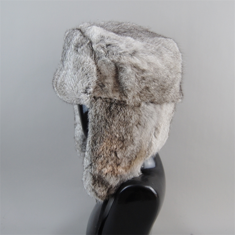 Rabbit Fur Cap Man Winter Genuine 100% Fur Bomber Hat Windproof Warm Earmuffs Male Flat GreyBlack Russian Hat Fitted Casquette 241014