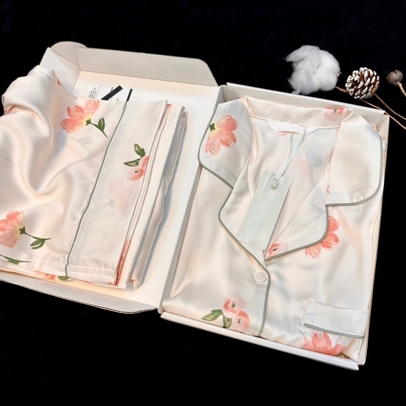 foreign trade tiktok live broadcast pajamas female spring and autumn ice silk long sleeved trousers thin style students' ins dormitory can wear p