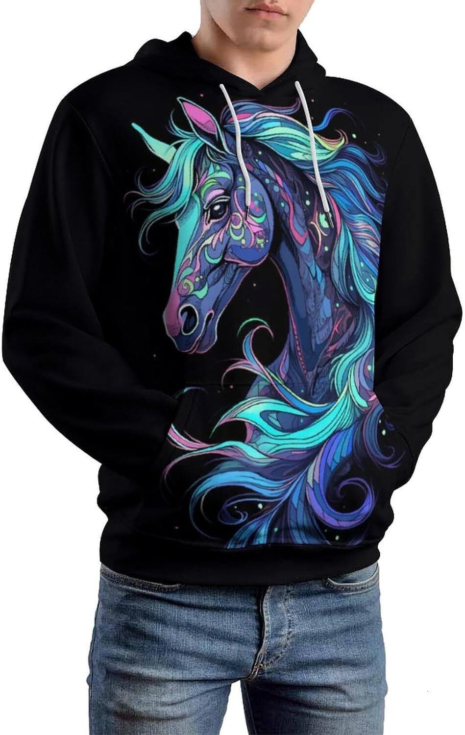 Hoodie for Mens Womens Cute Color White Horse Hoodie Funny Horse Racing Animal Lover Graphic Pullover Sweatshirt Hoodie Graphic Hoodies sweatshirt