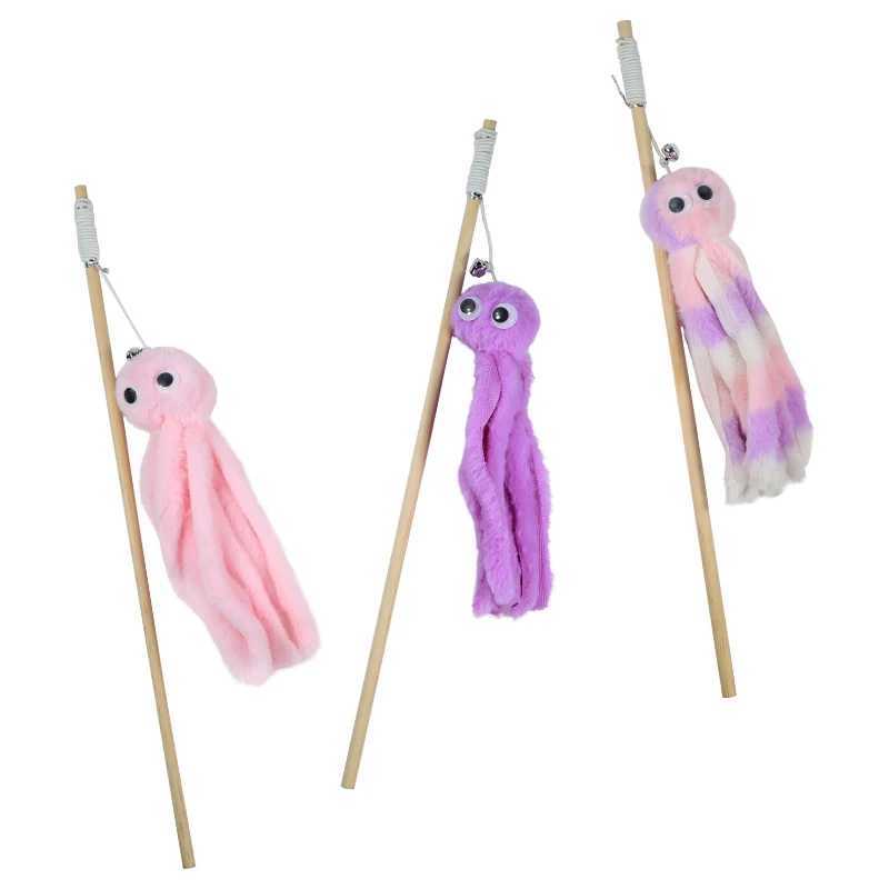 Pet cat toy Plush octopus shaped wooden cat-teasing stick with bellC241014