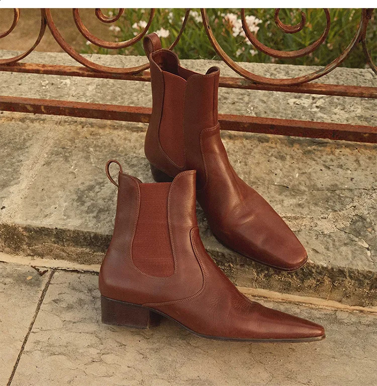 Winter Black Leather Botas Red Elastic Strap Ankle Boots Round Toe Women Shoes Slip-On Chunky Heels Zapatillas De Mujer Autumn 241010