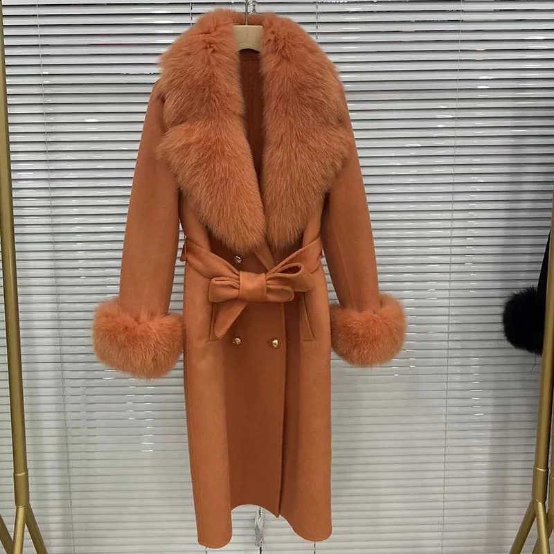 Long Womens Wool and Cashmere Blended Coat Big True Fox Fur Collar Fashionable Winter Jacket Double Chest Jacket Cuffs 241015