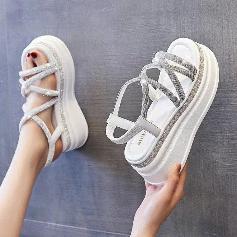 Women Platform Bg Sandals Summer 7.5CM High Heels Lady Crystal Wedges Beach Walking Shoes Slippers Sandalias Mujer 241015