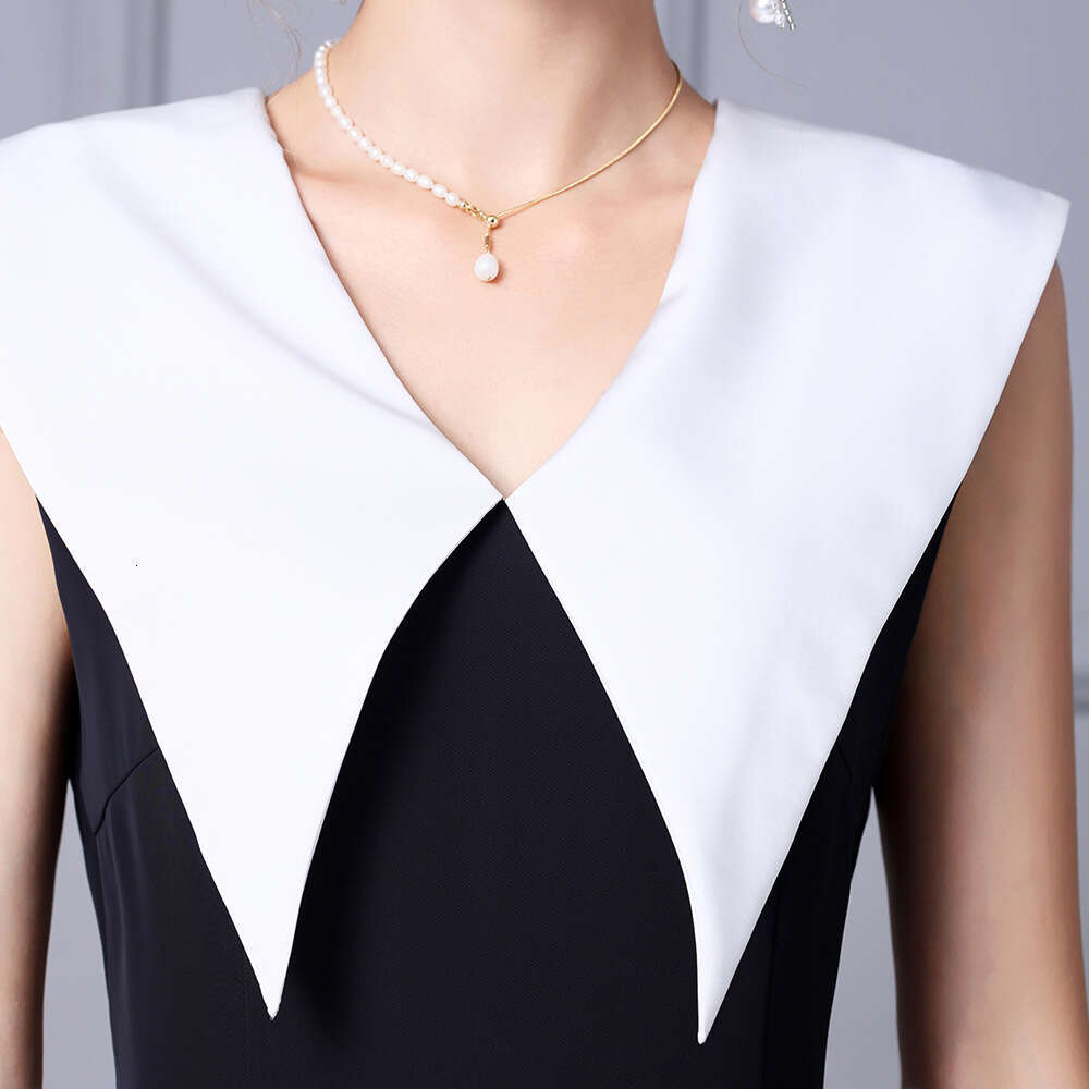 Zhi Li Gao Leng Yu Jie Fan Straight Wide Leg Pants Black and White Contrast Large Collar High Waist jumpsuit Summer 2024 New Style