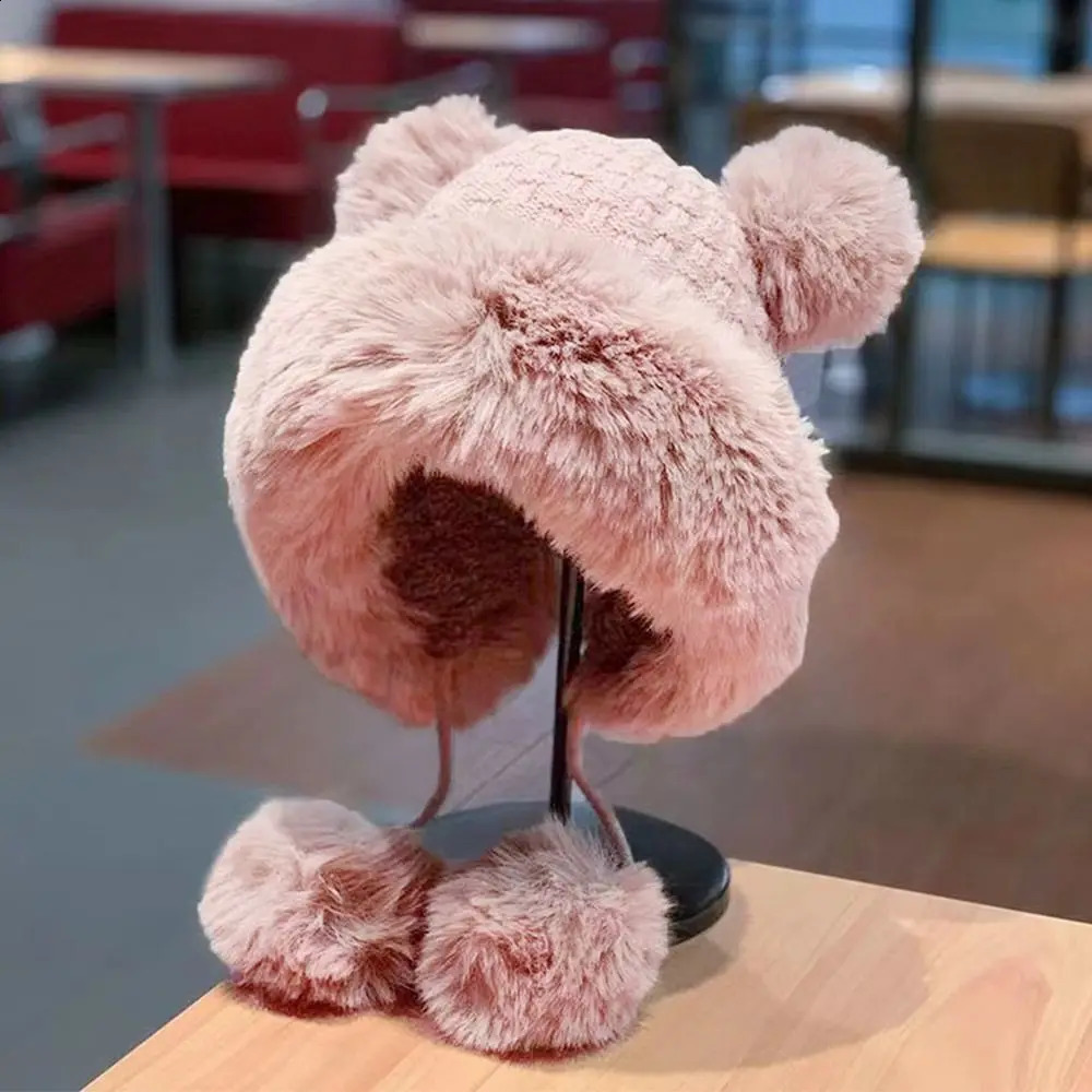 Women Winter Warm Kawaii Fox Fur Mink Plush Hat Thickened Cute Bear Ear Japanese Bomber Hat Ear Protection Cosplay Cap 241014