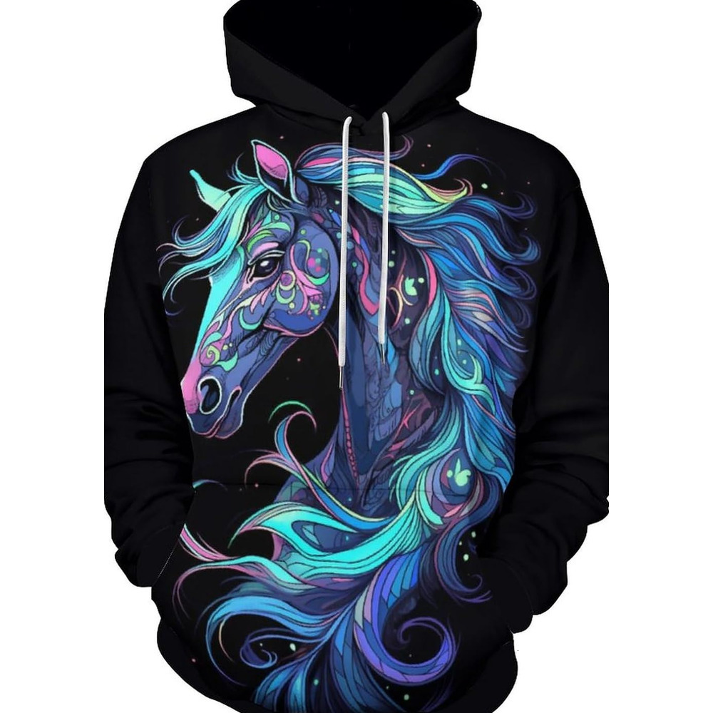 Hoodie for Mens Womens Cute Color White Horse Hoodie Funny Horse Racing Animal Lover Graphic Pullover Sweatshirt Hoodie Graphic Hoodies sweatshirt