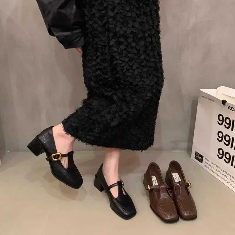 2024 New Womens Pump Mary Janes Short and Fat High Heels Office Clothes Brown and Black Womens Shoes Fashion Shoes Y241014
