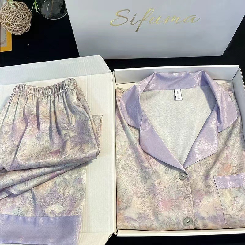 foreign trade tiktok live broadcast pajamas female spring and autumn ice silk long sleeved trousers thin style students' ins dormitory can wear p