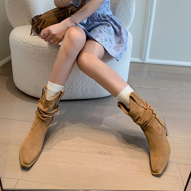 ddmytiger outdoor Short Women's New Quality Suede Pointed Pleated High Heel Mid length Modern Western Ankle Boots A ddmythur