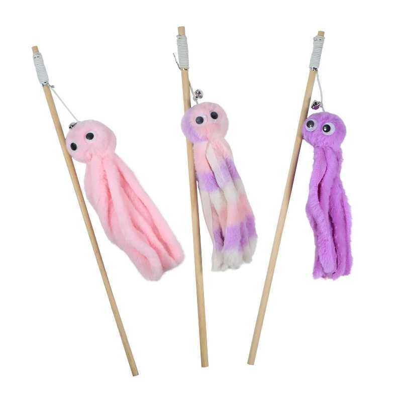 Pet cat toy Plush octopus shaped wooden cat-teasing stick with bellC241014